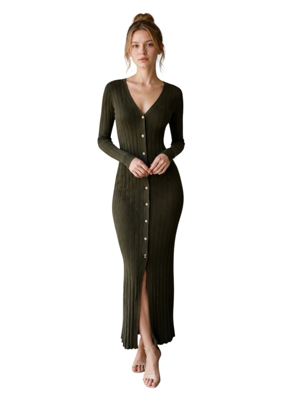 HOUSE OF HARLOW 1960 Olive Green Ribbed Button Front Maxi Dress